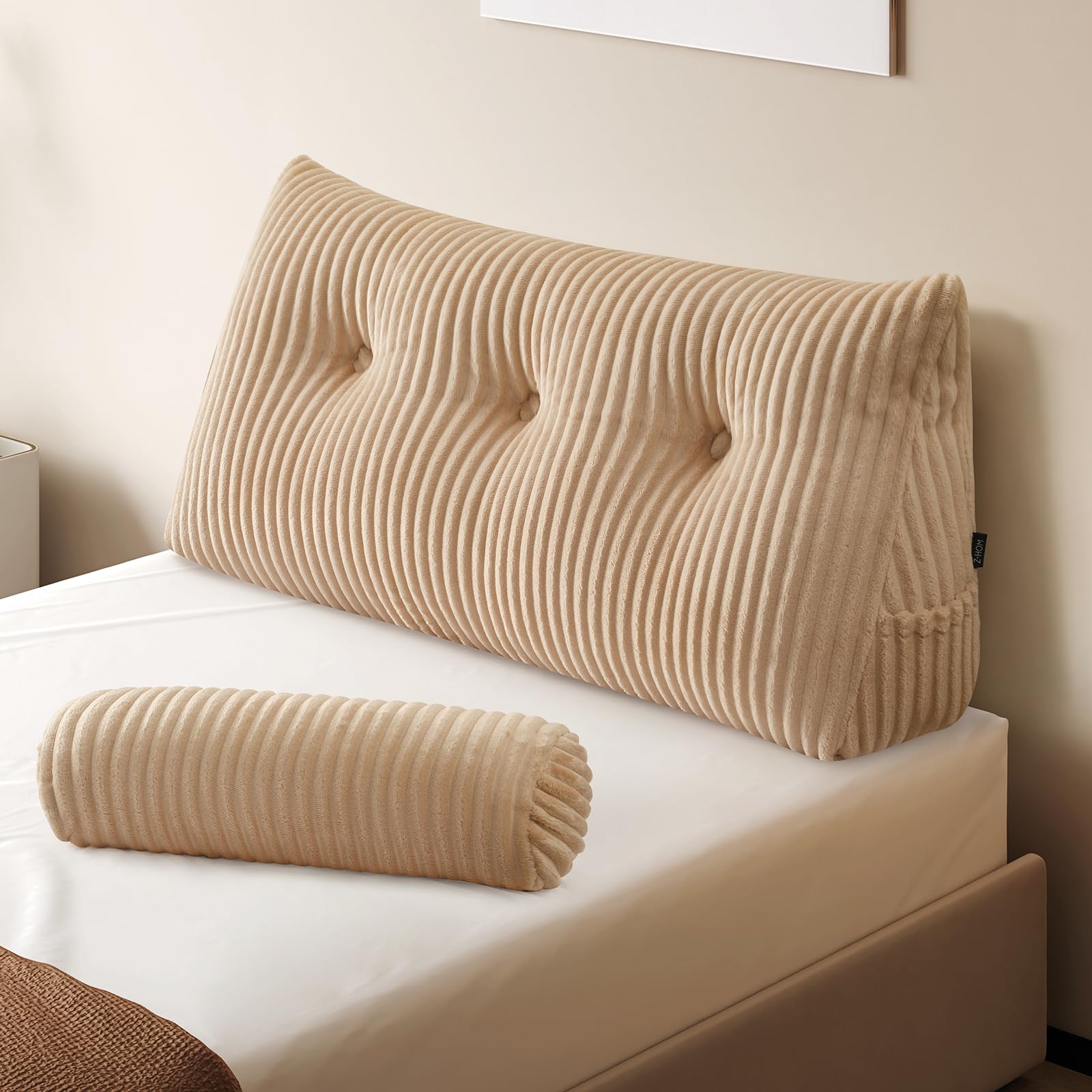 Z-hom Large Wedge Pillow Headboard, King Triangular Headboard Pillow, Reading Pillow Bed with a Roll Pillow for Bed Sitting Up Sleeping, Backrest Cushion Headboard Gap Pillow for Back,Beige