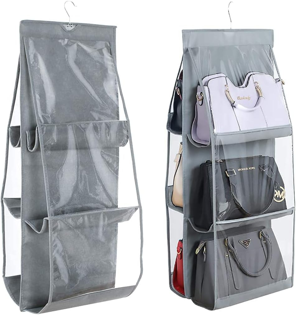 Hanging Purse Handbag Organizer, Clear Dust Cover Space Saver Storage Holder Bag, 6 Pockets Wardrobe Closet Handbags Storage(Gray)