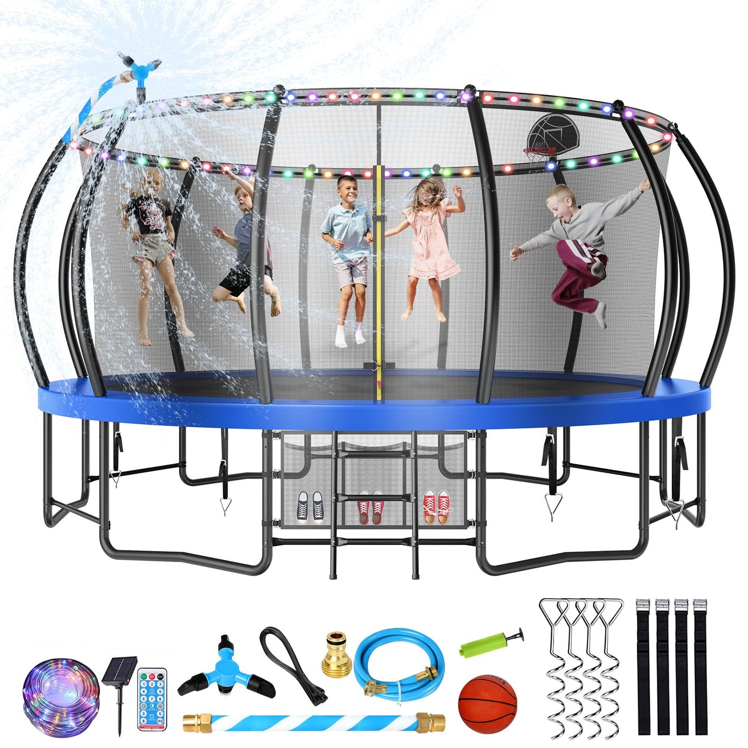 Large Outdoor Trampoline with Basketball Hoop, 10-16FT with Lights for Kids and Adults, Recreational Trampoline with Sprinkler and Stakes