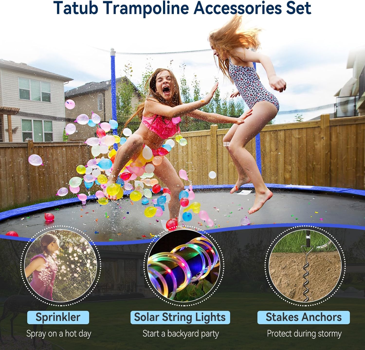 Tatub Trampoline Accessories Kit, Fits 8-16FT Trampoline Sprinkler/50FT Lights/Stakes, Heavy Duty Anchor Kit, Net Friendly Sprinkler, Outdoor Waterproof Lights, 3 in 1