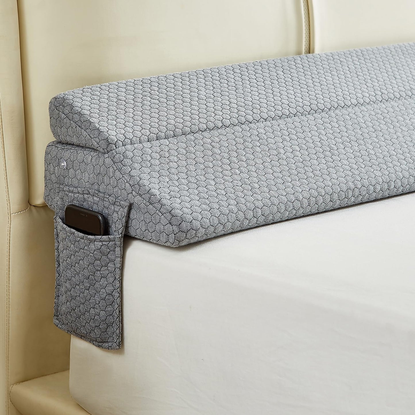 Full Size Bed Wedge Pillow for Headboard – Foldable Mattress Gap Filler (0–8"), Converts to Backrest, Prevents Pillow Slipping, Reversible Dual-Side Pockets, Washable Cover, White (54"x10"x6")