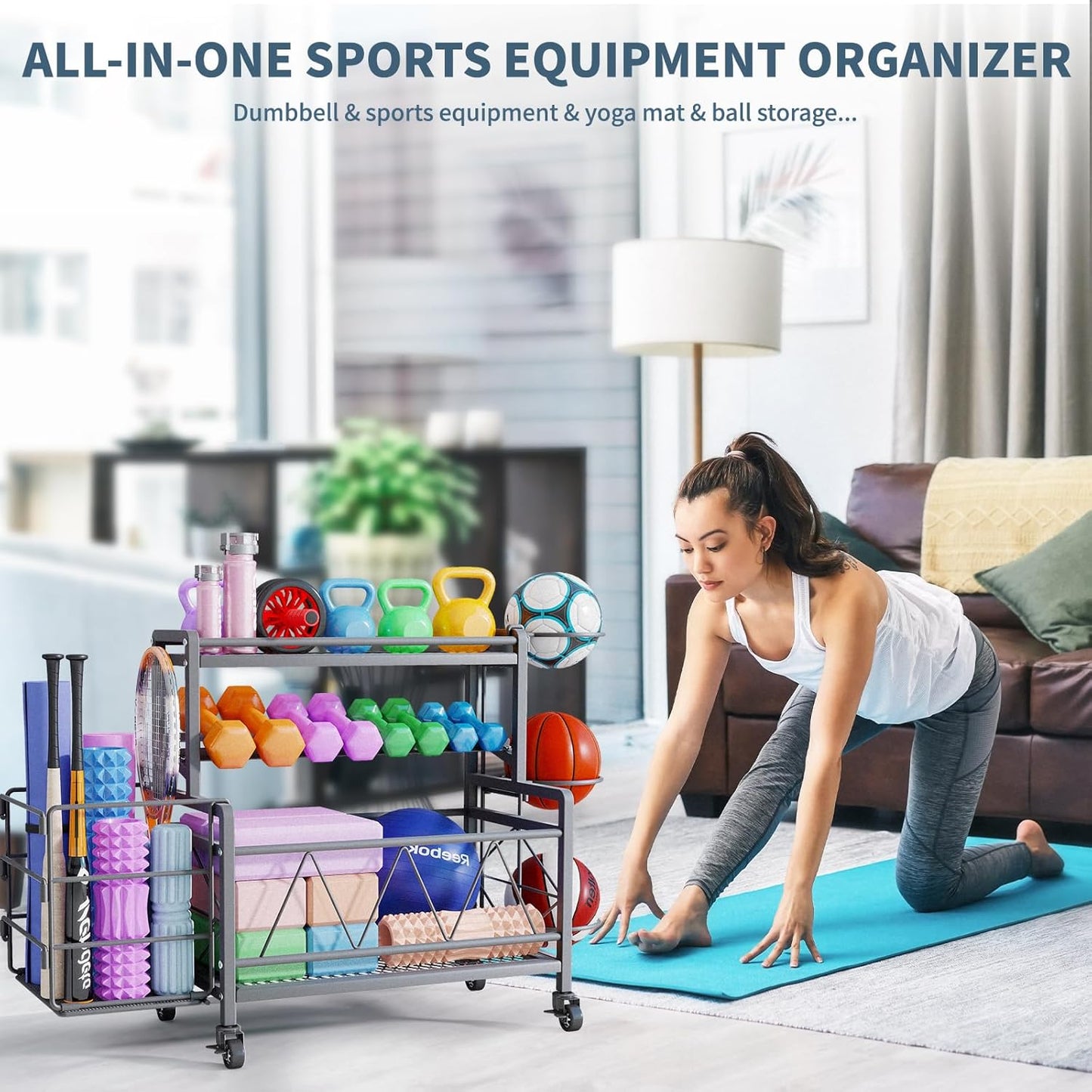 Dumbbell Rack, Weight Rack for Dumbbells, High Volume Home Gym Equipment Storage for Kettlebells, Yoga Mat, Foam Roller, etc, All in One Workout Storage with Wheels and Hooks