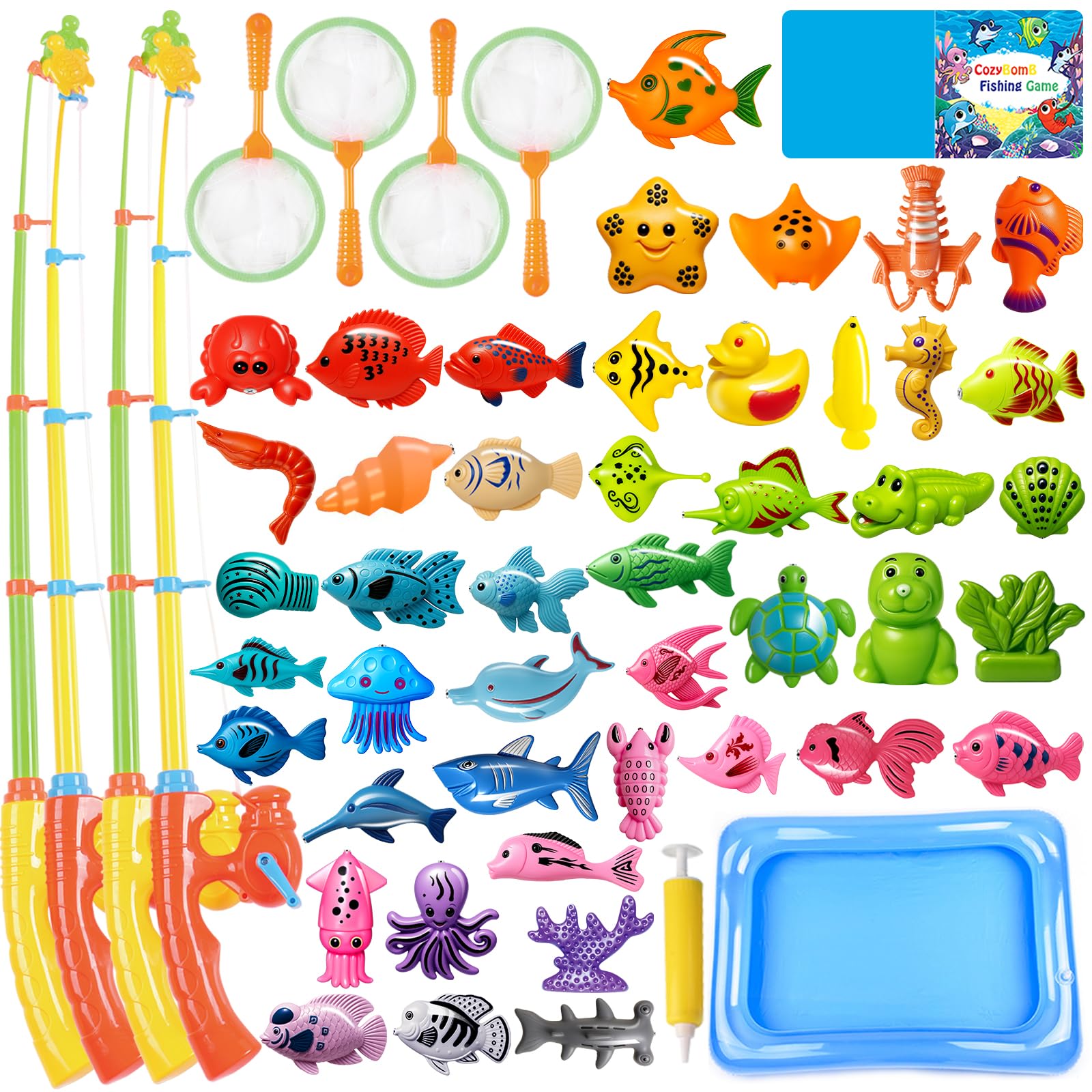 CozyBomB™ Magnetic Fishing Toys Game Set for Kids | Water Table Bathtub Kiddie Pool Party & Pole Rod Net, Plastic Floating Fish Toddler Color Ocean Sea Animals Birthday Age 3 4 5 6 Year