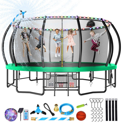 Large Outdoor Trampoline with Basketball Hoop, 10-16FT with Lights for Kids and Adults, Recreational Trampoline with Sprinkler and Stakes