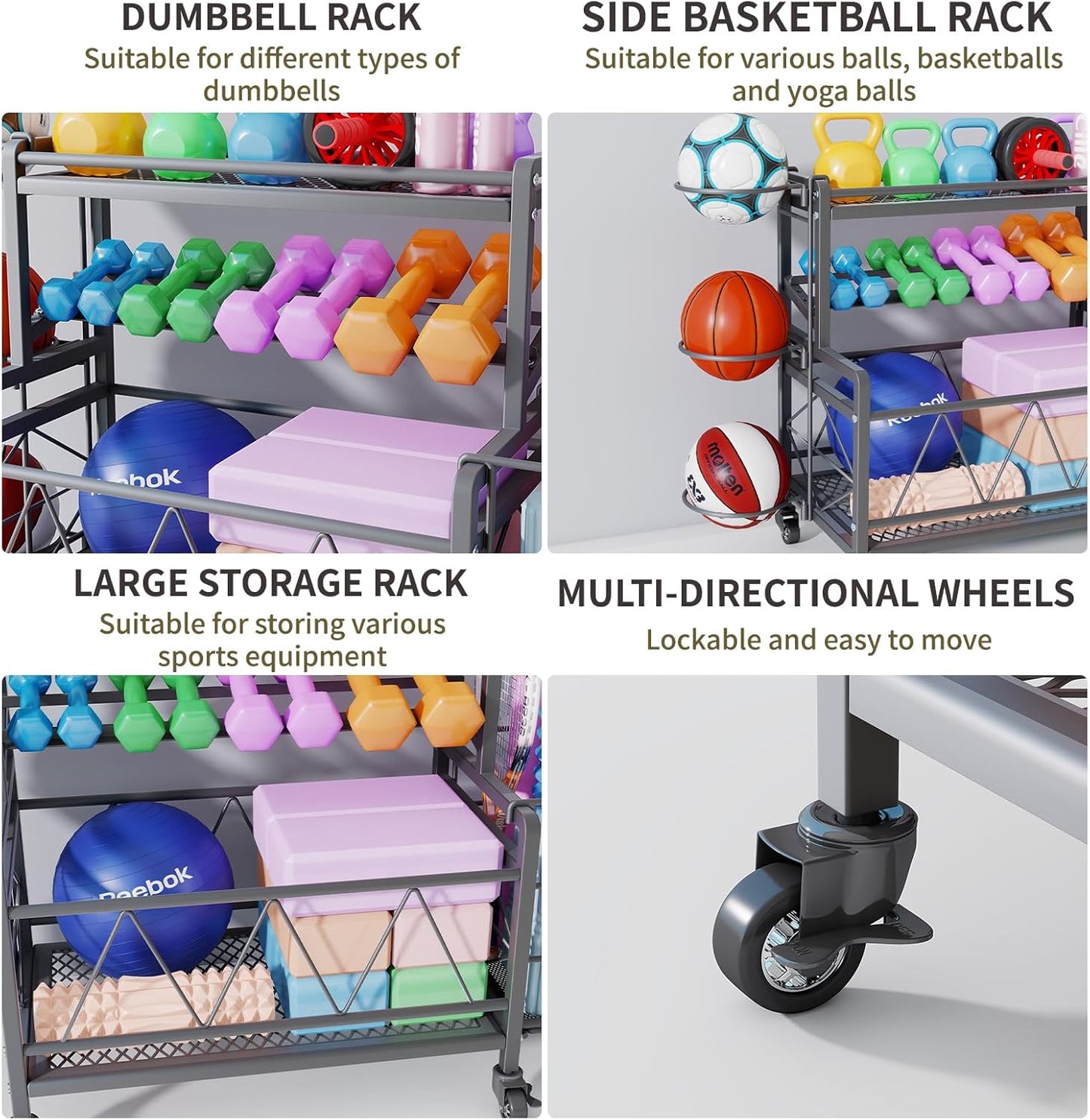 Dumbbell Rack, Weight Rack for Dumbbells, High Volume Home Gym Equipment Storage for Kettlebells, Yoga Mat, Foam Roller, etc, All in One Workout Storage with Wheels and Hooks