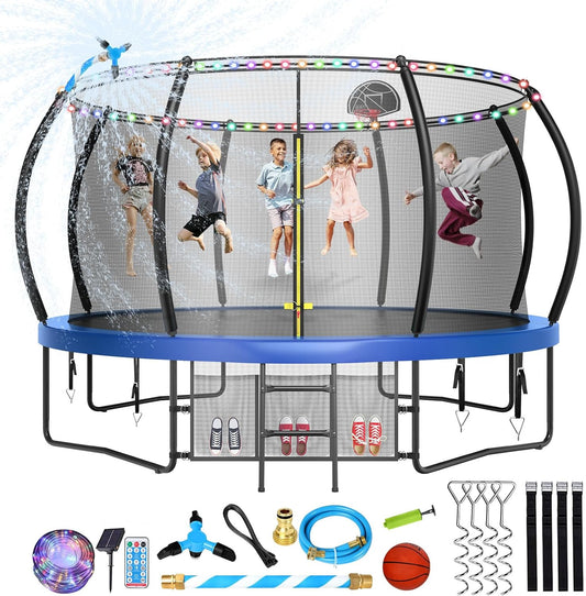 Large Outdoor Trampoline with Basketball Hoop, 10-16FT with Lights for Kids and Adults, Recreational Trampoline with Sprinkler and Stakes