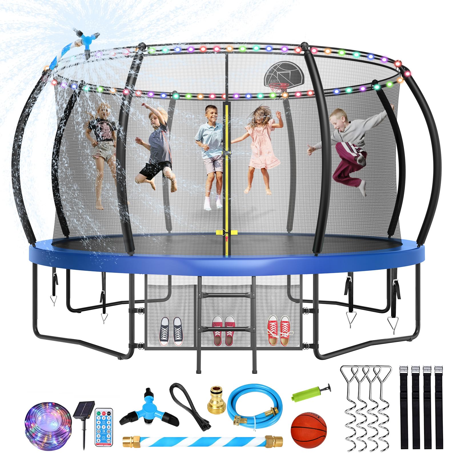 Large Outdoor Trampoline with Basketball Hoop, 10-16FT with Lights for Kids and Adults, Recreational Trampoline with Sprinkler and Stakes
