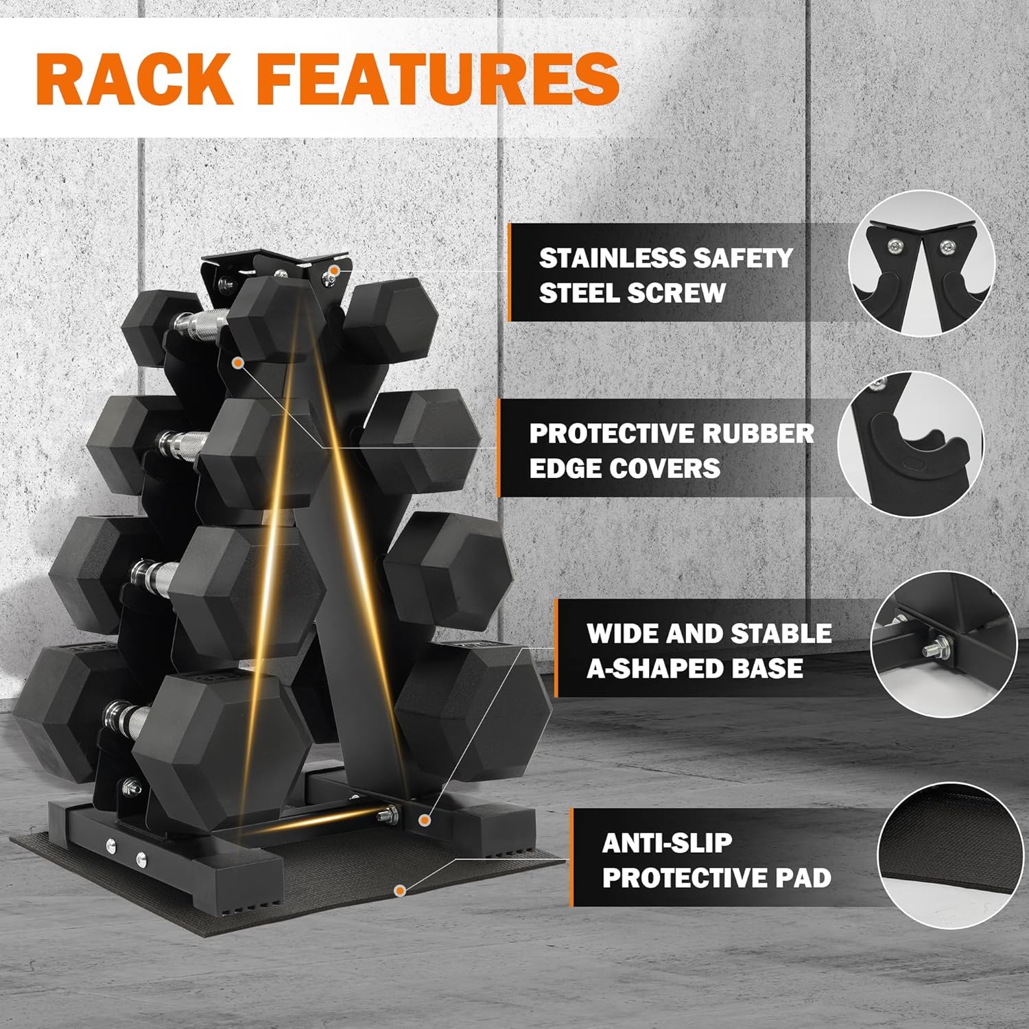 Rubber Coated Hex Dumbbell Weight Set and Storage Rack, 100LB Set or 150LB Set, 5-20 lbs Pairs or 5-25 lbs Pairs