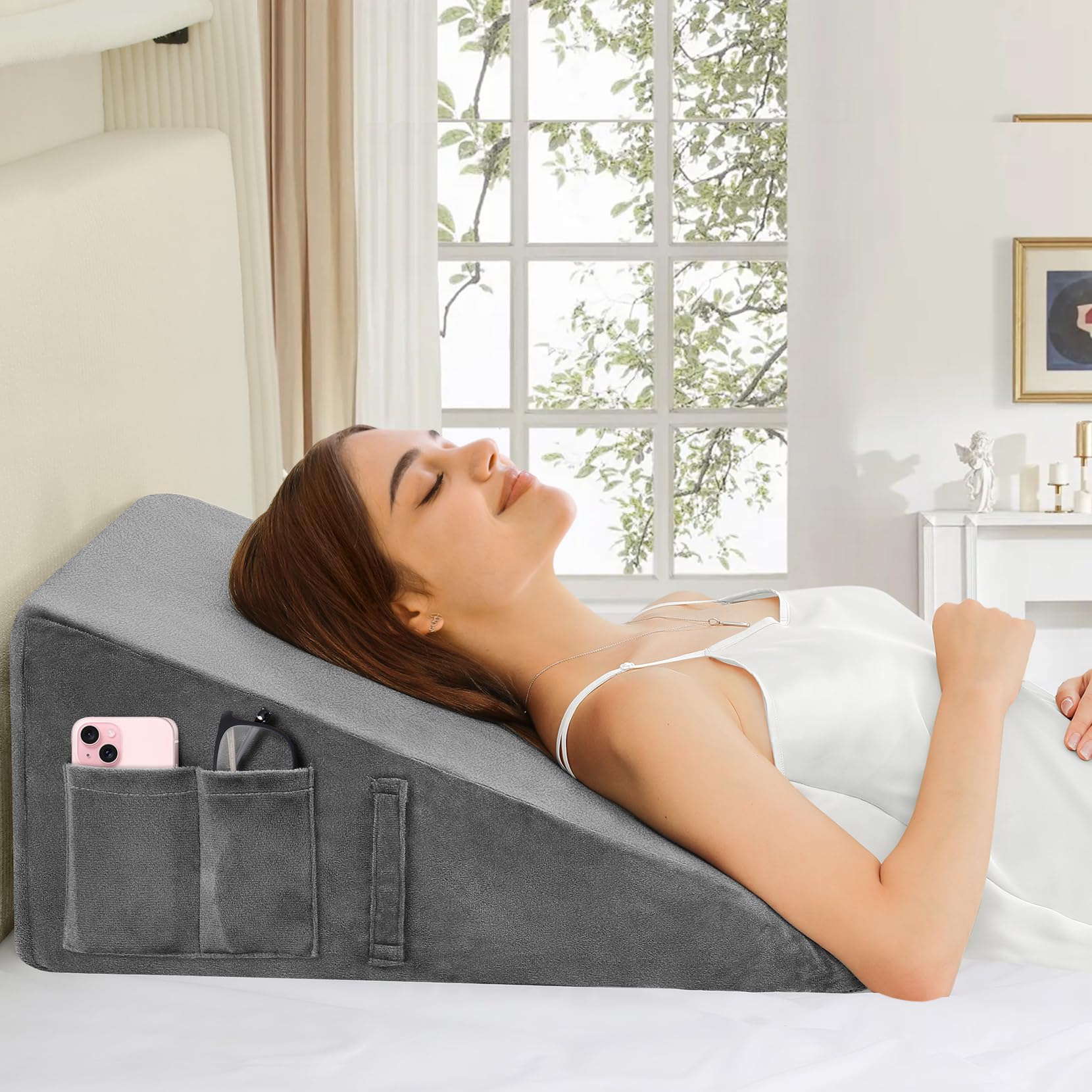 Wedge Pillow for Sleeping, 12" Bed Wedge Pillow for After Surgery, Triangle Pillow Wedge for Heartburn, Acid Reflux, GERD, Back Pain Relief, Neck Pain, Soft & Cooling Memory Foam Top