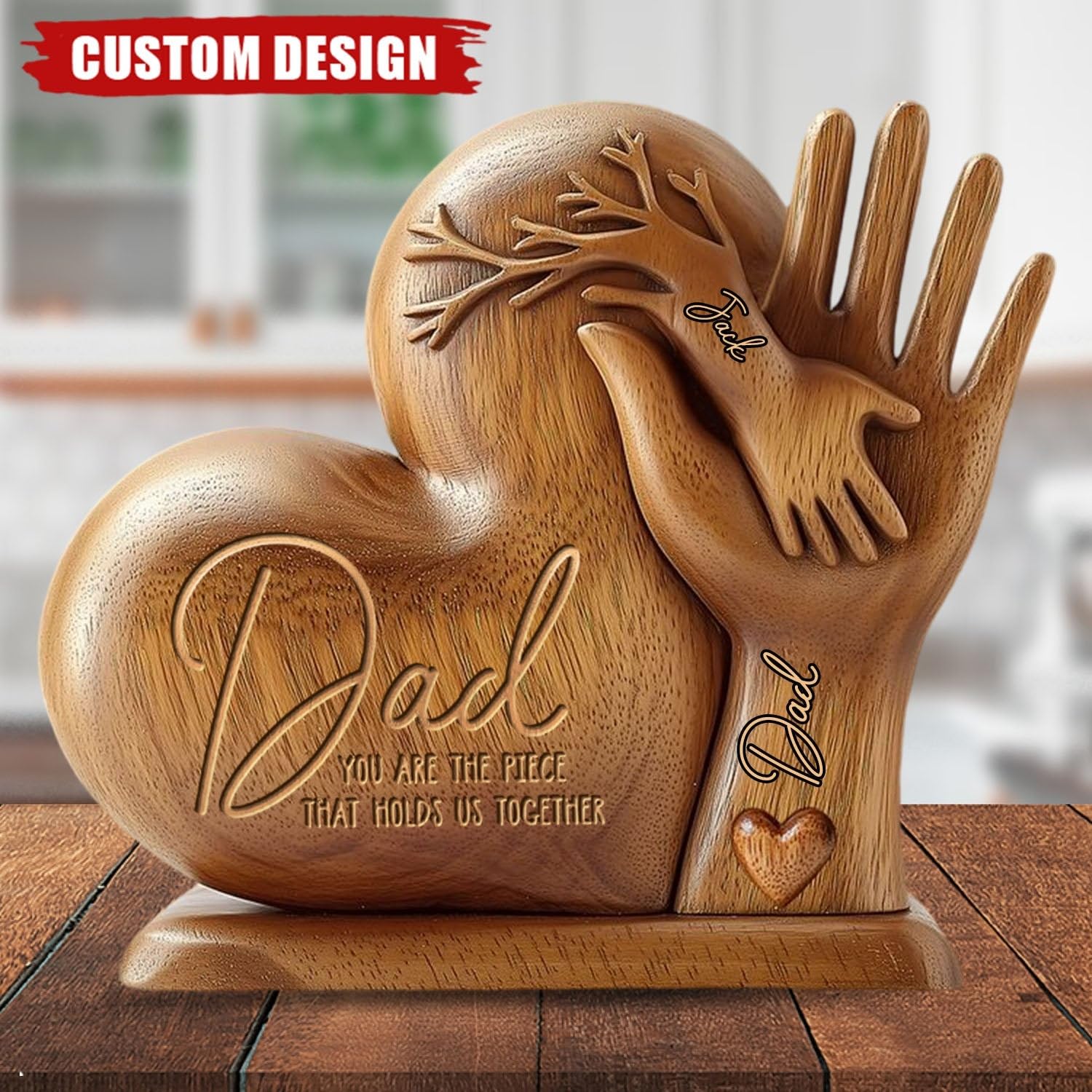 Dad You Are The Piece That Holds Us Together - Personalized Acrylic Plaque, Father's Day Gift Wooden Texture Effect Heart Shaped Father’s Day Sign Table Decor Personalized Fathers Day Plaque Gifts