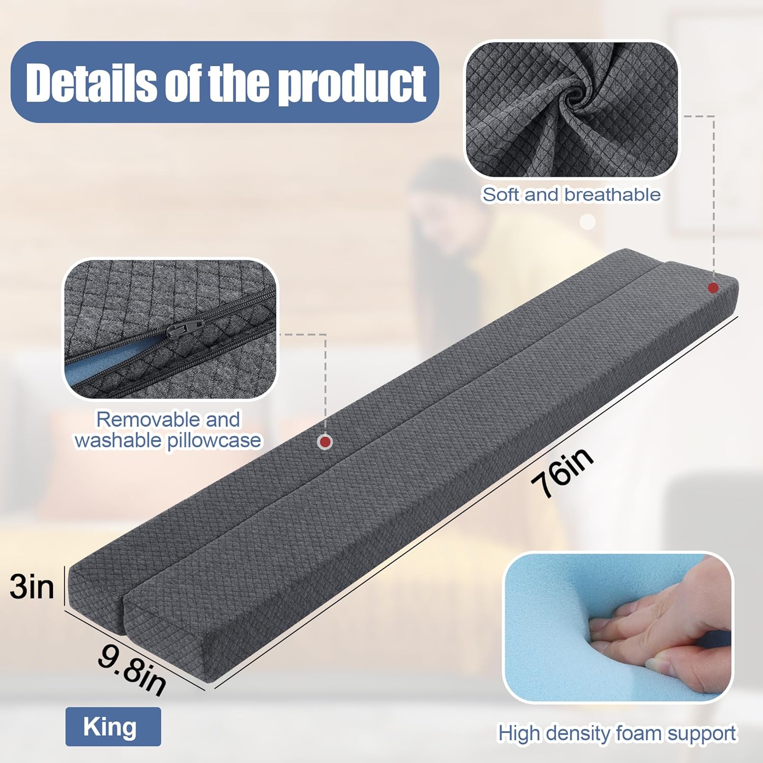 BALAPET Flodable Pillow for Headboard Gap,Bed Gap Filler Queen Size,Adjustable Bed Wedge Pillow for Headboard,Rectangular Bed Gap Filler,Foam Mattress Gap Filler(Gray,King)
