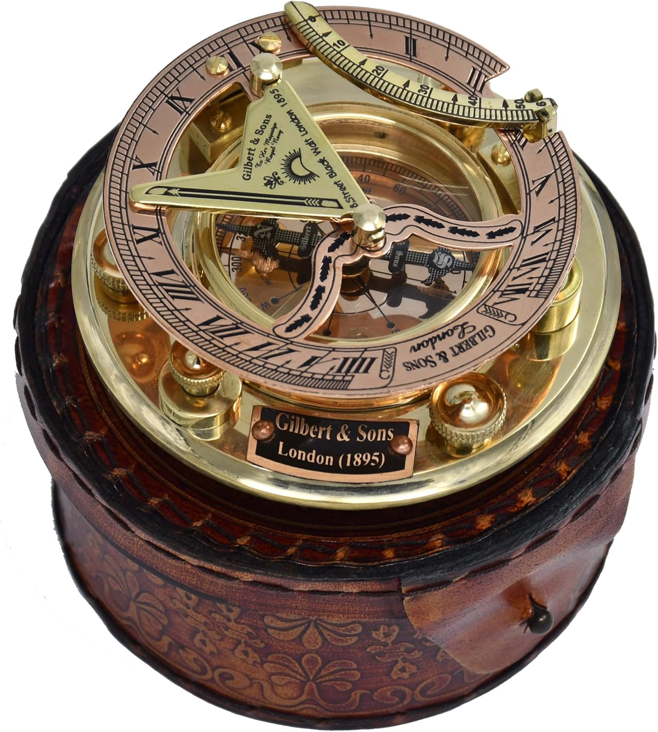 Personalized Engraved Antique Brass & Copper Sundial Compass, Sundial Clock in Leather Box Gift Sun Clock Ship Replica Watch