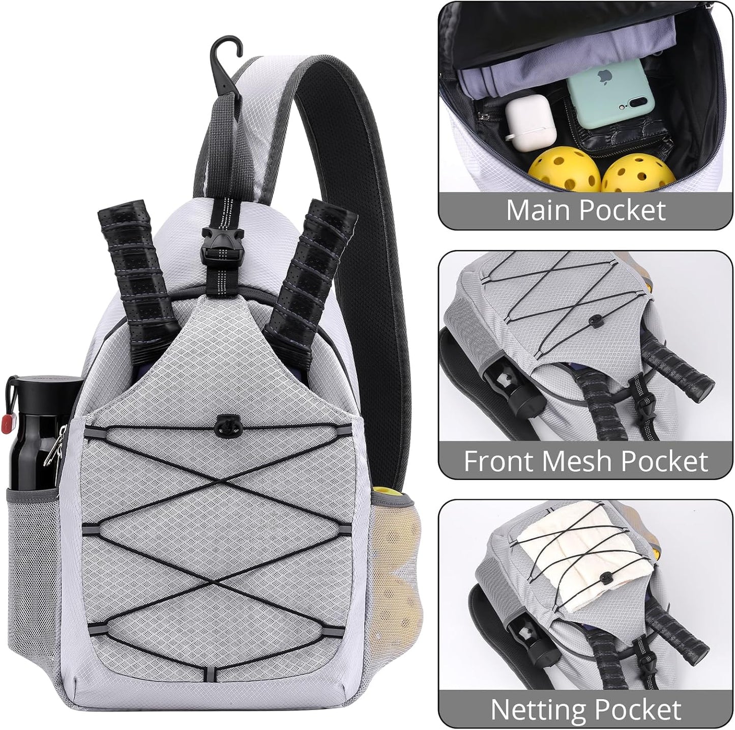 Pickleball Bag Pickleball Paddle Bag Small Pickleball Bag for Women Men, Adjustable Pickleball Sling Bag with Fence Hook Water Bottle Holder for Pickleball Paddle Racket