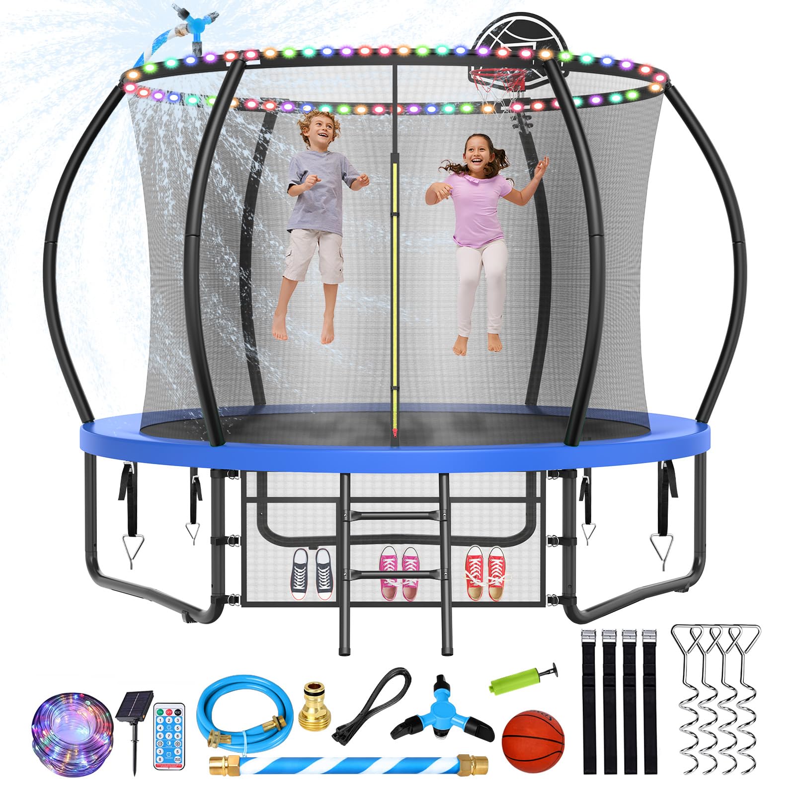 Large Outdoor Trampoline with Basketball Hoop, 10-16FT with Lights for Kids and Adults, Recreational Trampoline with Sprinkler and Stakes