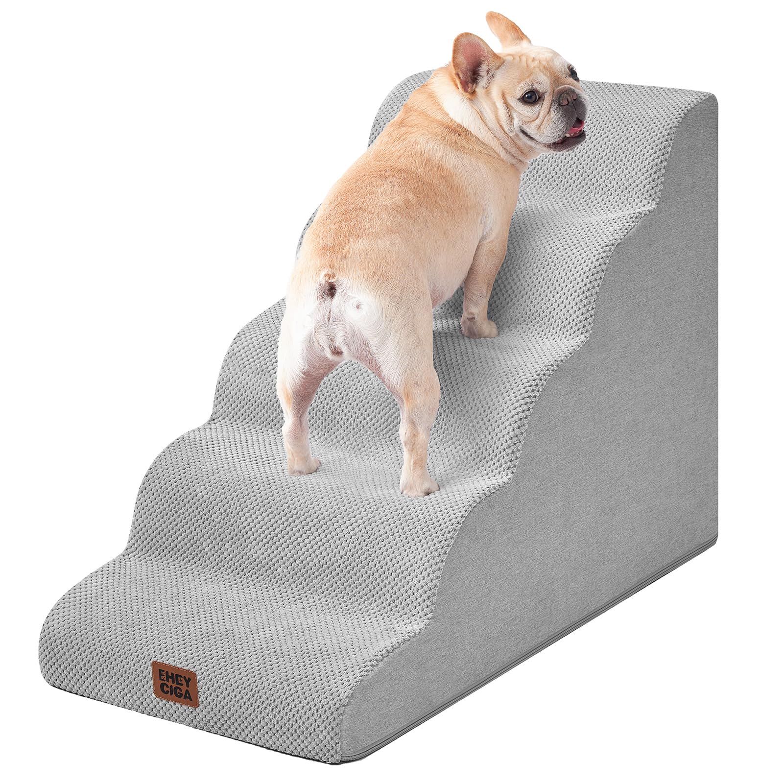 EHEYCIGA Curved Dog Stairs Ramp for High Beds 19.7" H, 4-Step Dog Steps for Small Dogs and Cats, Pet Stairs for High Bed Climbing, Non-Slip Balanced Pet Step Indoor, Grey