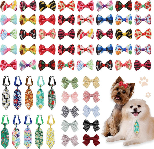 60 Pieces Dog Bow Tie Collars Dog Hair Bows Set Include 40 Small Dogs Hair Bows 10 Puppy Bowties 10 Collars Bow Adjustable Pet Ties Neck Grooming for Small Medium Pets Cats Accessories Supply