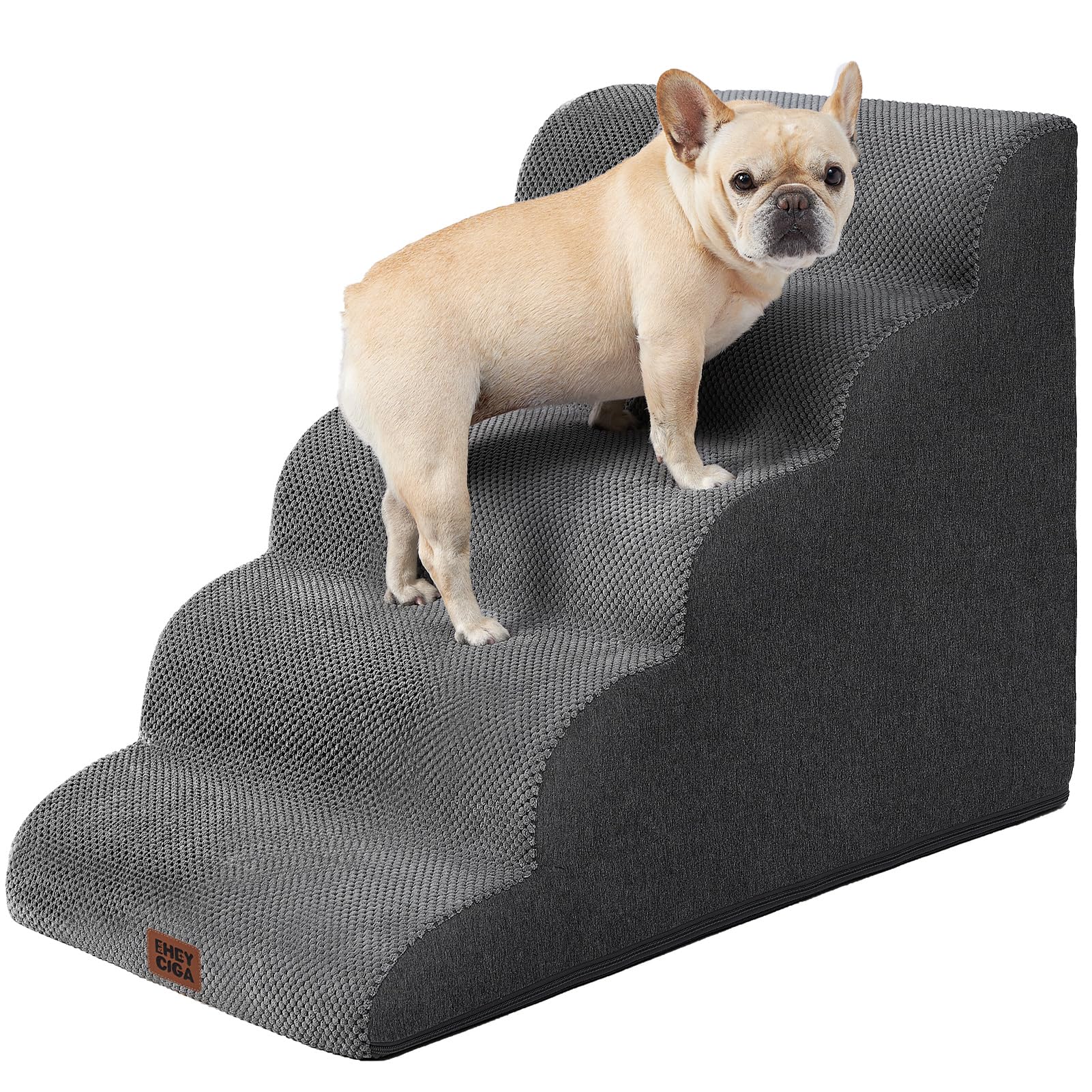 EHEYCIGA Curved Dog Stairs Ramp for High Beds 19.7" H, 4-Step Dog Steps for Small Dogs and Cats, Pet Stairs for High Bed Climbing, Non-Slip Balanced Pet Step Indoor, Grey