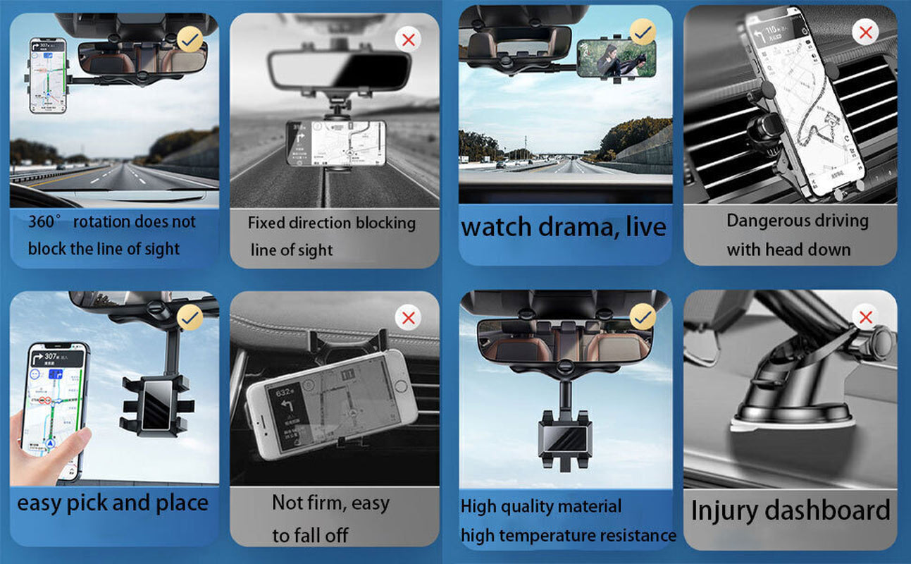 360° Car Phone Holder Rotatable and Retractable Rearview Mirror Mount Universal