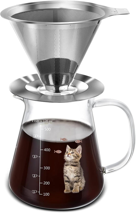 Pour over Coffee Maker 17 Oz, Drip Coffee Maker Pour over with High Heat-Resistant Carafe and Permanent Stainless Steel Filter, Portable Coffee Pour over Maker Perfect for Home or Office